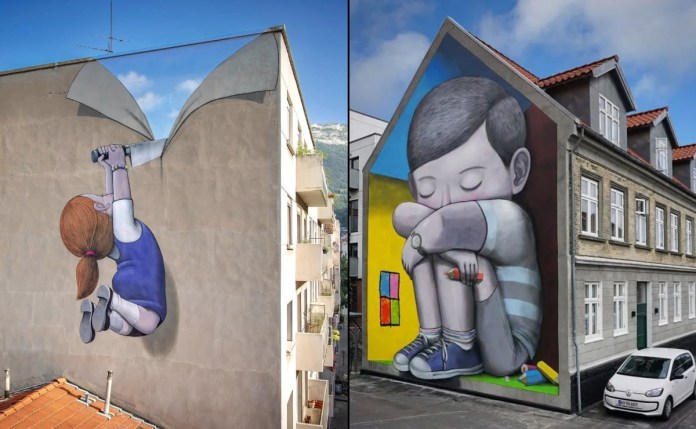 Split image featuring two murals by Seth Globepainter. On the left, a girl in a purple dress hangs from a large painted knife as if slicing open the building’s gray surface to reveal blue sky, located in Grenoble, France. On the right, a boy sits curled up with his eyes closed, holding a crayon, painted on the gable wall of a house with a yellow and blue background, located in Aalborg, Denmark.