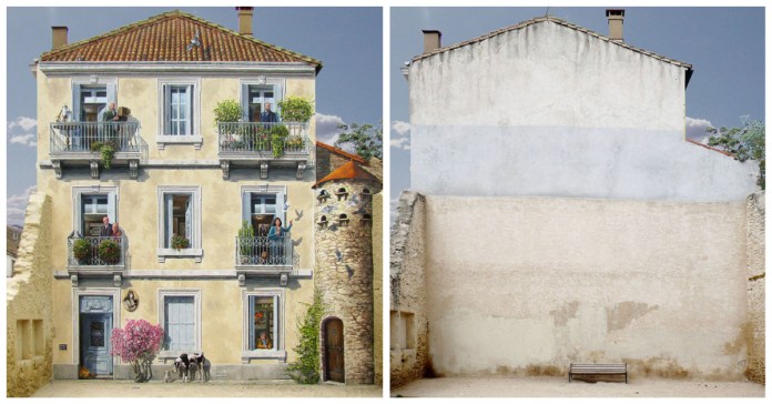 Before-and-after images of a mural by artist Patrick Commecy in Montpellier, France. The 'before' image shows a plain, weathered wall on the side of a building with no windows or details. In the 'after' image, the mural transforms the blank wall into a vibrant, realistic facade of a multi-story house. Painted windows, balconies, and residents bring the scene to life, with greenery and flowers adorning the structure. A painted stone tower on the right side blends with the existing architecture, adding a touch of historical charm. The transformation showcases the power of street art to turn a bare wall into a lively, picturesque scene.