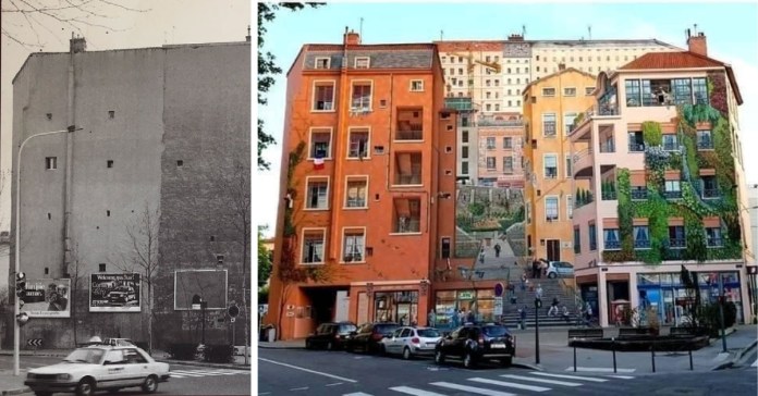 Before-and-after image of the 'Wall of the Silk Weavers' mural in Lyon, France. The left side shows the original plain, gray wall of the building, barren and unadorned, while the right side reveals the same wall transformed with a vibrant mural. The mural uses trompe-l'œil artistry to create the illusion of a lively neighborhood scene, with painted windows, balconies, people on stairs, and greenery covering parts of the facade. This transformation breathes life into the urban space, celebrating Lyon's rich heritage in the silk industry.