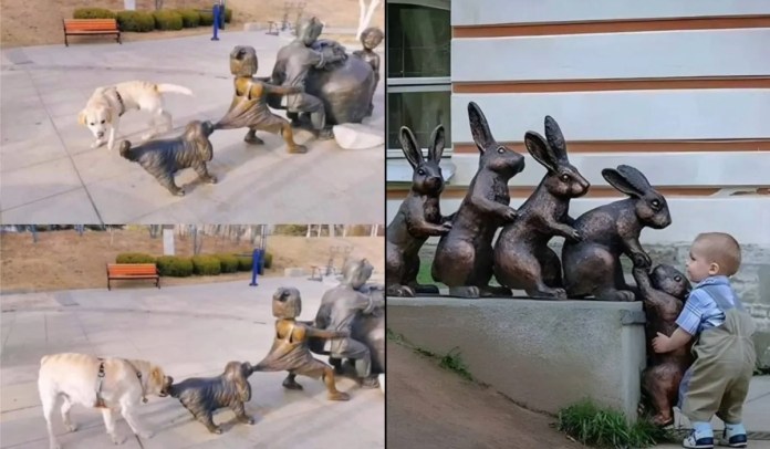 Two humorous public sculpture interactions: On the left, a real dog joins a bronze tug-of-war sculpture by biting the tail of a statue dog, appearing to help pull a large object; on the right, a toddler pushes the last bronze rabbit in a line of rabbits climbing a ledge, blending perfectly into the scene. Both images show playful moments where real life merges with art.