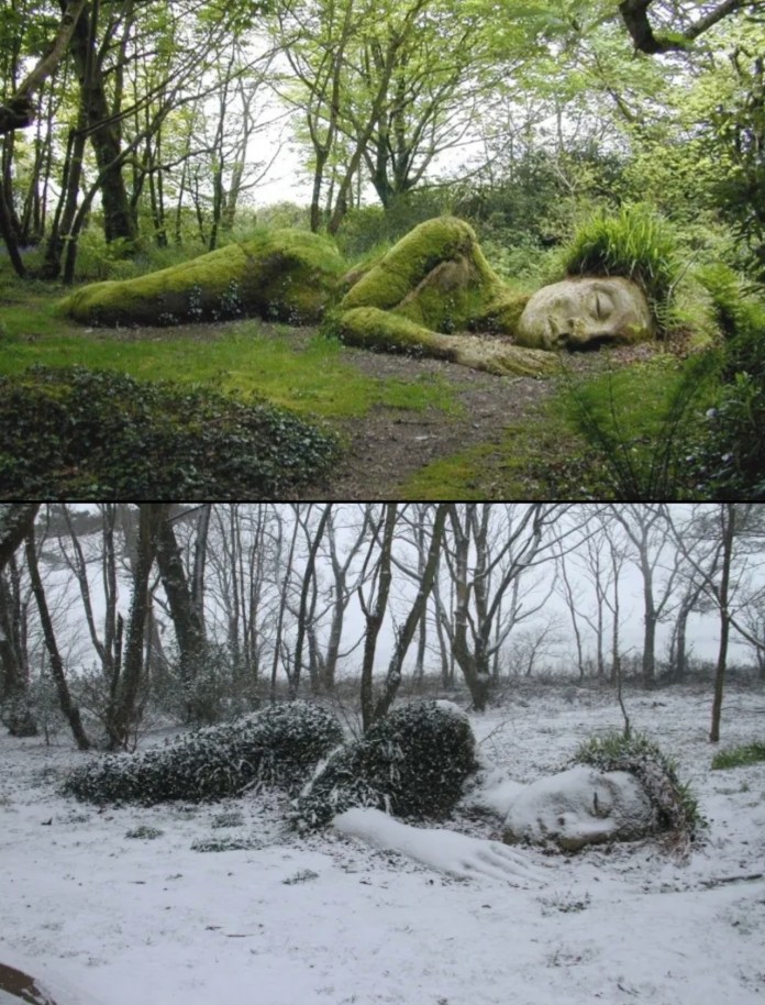 Two seasonal views of a large living sculpture of a reclining woman covered in moss and plants, known as the Mud Maid, resting in the woods—green in spring and dusted in white snow in winter.