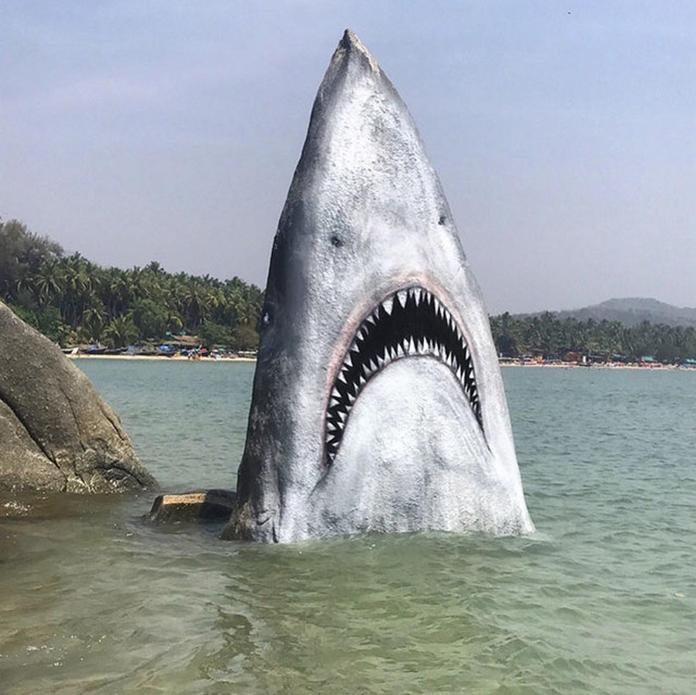 A large shark is painted on a vertical rock rising from shallow ocean water.