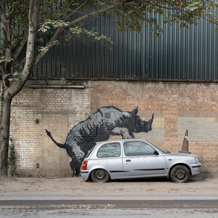 Street art mural of a charging rhino painted on a brick wall, placed so its head appears to push against the rear of a small silver car parked in front.