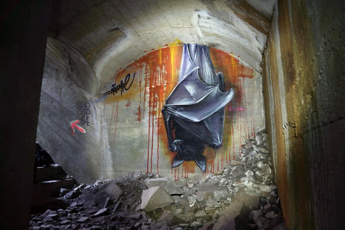 Graffiti mural by Näutil of a bat in Auderville, France