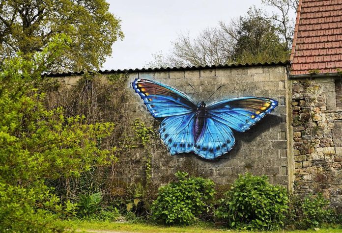 Graffiti mural by Näutil of a blue butterfly.