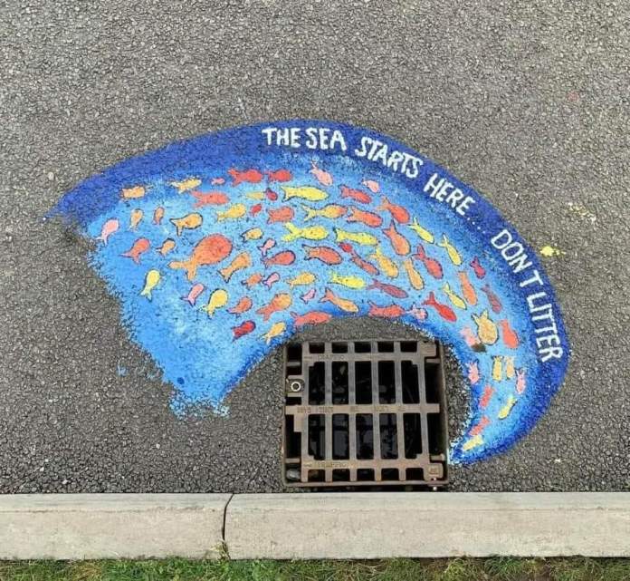 Street art around a storm drain showing colorful fish swimming into it like a current, with the painted message “The Sea Starts Here. Don’t Litter.”