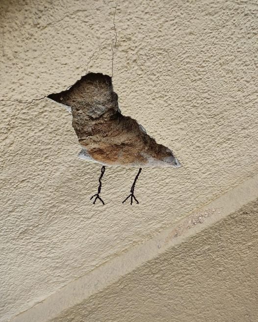 A damaged plaster wall where a missing chunk is shaped like a bird's body, with minimal black lines added for the legs and feet.