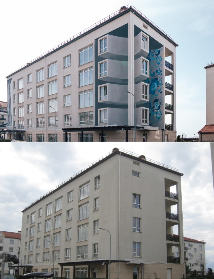 A trompe-l'œil mural by Kartitect in Sochi, Russia, showing curved balconies with floral ornaments, painted on a previously flat, beige building wall to create a 3D illusion.