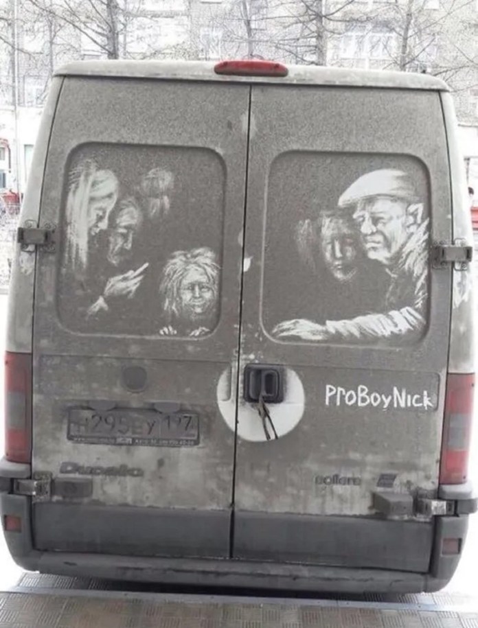 Dirty van art by ProBoyNick in Moscow showing five lifelike faces peering out from the dusty rear doors of a van, etched with photorealistic detail in light and shadow.