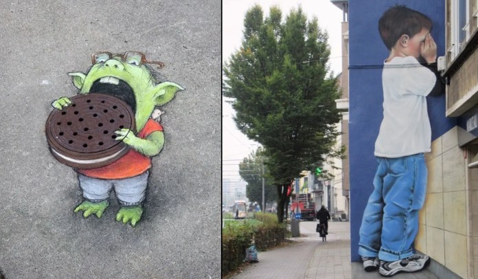 Split image of two street artworks. On the left, a chalk drawing by David Zinn on pavement shows a green goblin-like creature with glasses, an orange shirt, and grey shorts holding a drain cover painted to resemble a giant chocolate cookie. On the right, a mural by SMOK in Antwerp, Belgium depicts a young boy in a white T-shirt, blue jeans, and sneakers standing against a wall with his face covered, as if counting in a game of hide-and-seek.