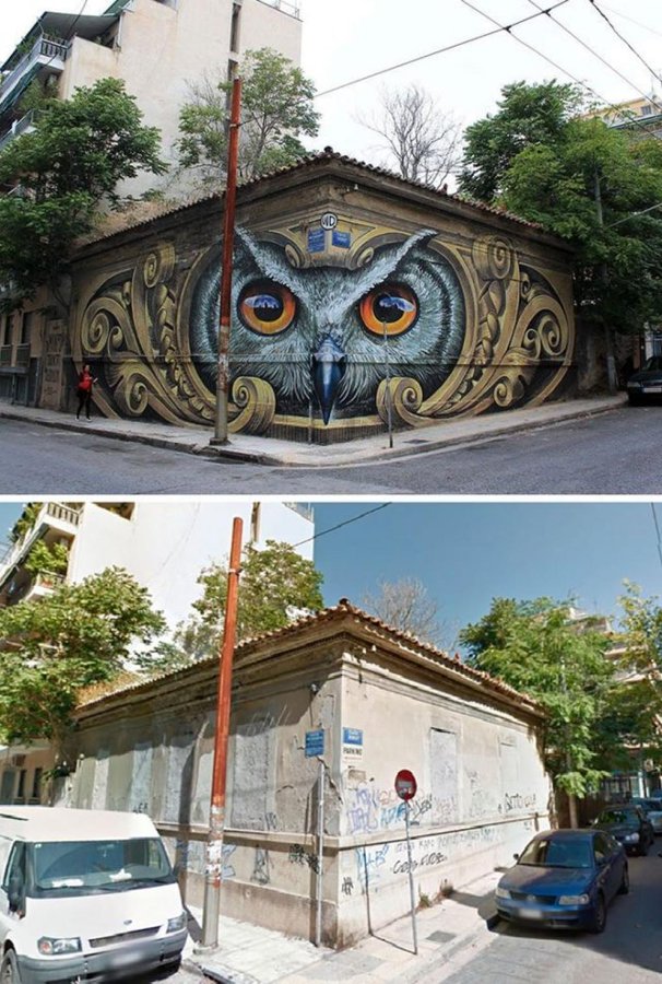 Before-and-after images of a mural by WD in Athens, Greece. The after photo shows a realistic owl painted across the corner of an old building, with piercing orange eyes and intricate gold framing. The before image shows the same structure in a run-down, graffiti-covered state.