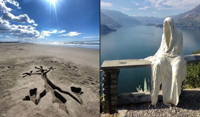 Split-image header with two outdoor artworks: on the left, a beach carving of Wile E. Coyote buried underground with a small tree growing above, set against a wide sandy shore and bright summer sun; on the right, a ghost-like white gauze sculpture seated on a stone bench overlooking the calm waters and mountains of Lake Como, Italy.
