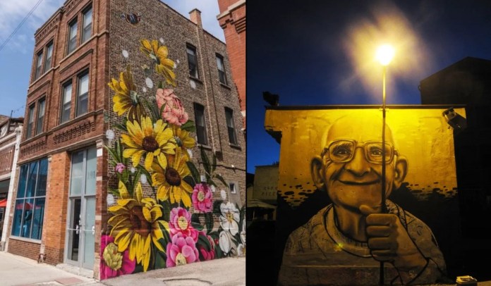 Split-image showing two murals: Left side features a floral mural by Ouizi (Louise Jones) in Chicago, USA, with large yellow daisies, pink peonies, white flowers, and a red admiral butterfly painted on the side of a brick building. Right side shows a mural by Endo in Čačak, Serbia, depicting a smiling elderly man holding a real streetlamp as if it were a glowing staff, blending the lamp into the artwork at night.