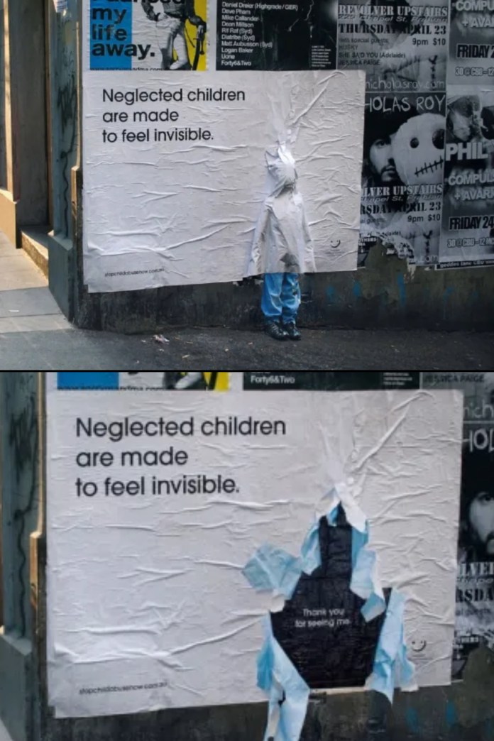 Urban poster showing a torn ad with the text “Neglected children are made to feel invisible.” Beneath the torn paper is a silhouette of a child and the words “Thank you for seeing me.”