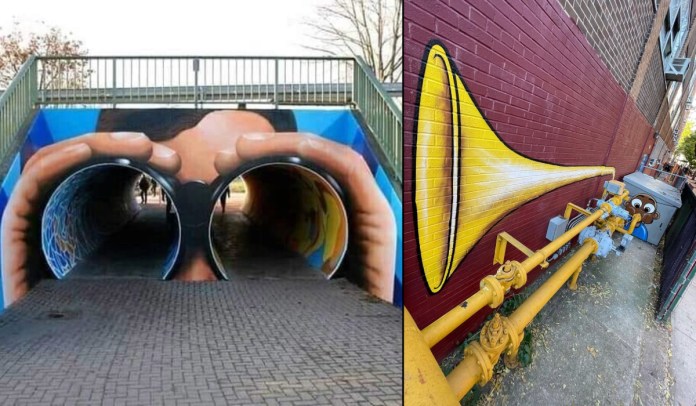 Split image showing two clever street art illusions: On the left, a tunnel entrance painted to resemble a person holding binoculars, with the two circular tunnels forming the lenses. On the right, a red brick wall mural of a yellow trombone creatively integrated with real yellow gas pipes, which form the instrument’s tubing, while a cartoon character is painted at the end blowing into it.