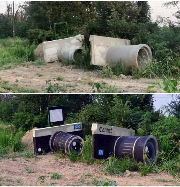 A before-and-after photo of two large concrete pipes in a field transformed into a camera sculpture. In the final image, the pipes are painted black with details to resemble a DSLR camera labeled “CANNOT.”