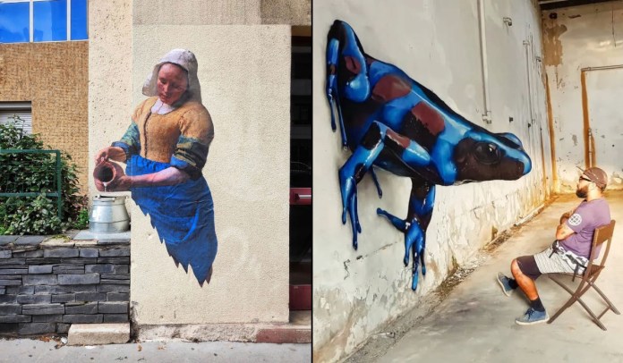 Split image showing two street artworks. On the left, a mural by Oakoak in Saint-Étienne, France reimagines Vermeer’s “The Milkmaid,” with the painted figure pouring real liquid into a metal container placed below the wall. On the right, a hyperrealistic 3D mural by Odeith in Portugal shows a giant blue frog emerging from a decaying wall, as a man in a cap and shorts sits on a folding chair facing it.