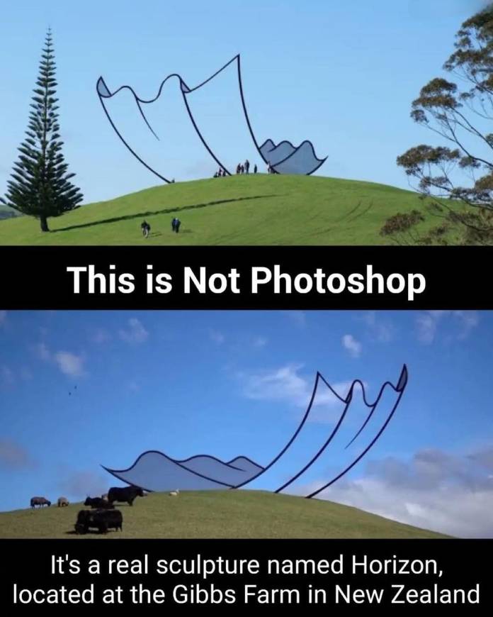 Large sculpture on a grassy hill in New Zealand resembling a floating sheet drawn in the air with black lines. People and cows stand below, emphasizing its surreal scale.