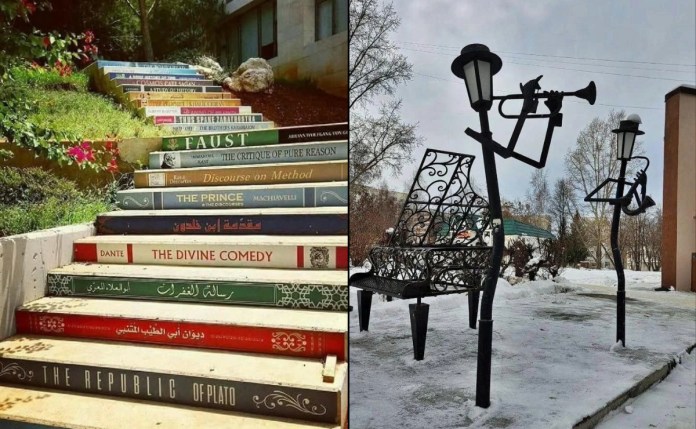 Split image showing two public art installations. On the left, the "Stairs of Knowledge" at the University of Balamand in Lebanon, a painted staircase featuring 21 classic book covers in near-chronological order, symbolizing intellectual growth. On the right, a snow-covered urban scene with lamp posts shaped like jazz musicians playing trumpet and saxophone, positioned beside a piano-shaped bench made of ornate black metal.
