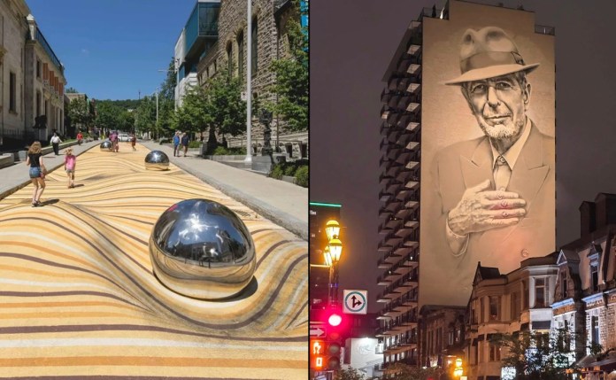 Split image showing two public art scenes in Montreal, Canada. On the left, the Moving Dunes installation transforms a pedestrian street with wavy yellow-orange stripes and reflective chrome spheres, where children walk and play. On the right, a towering nighttime mural of Leonard Cohen in a fedora and suit looks over downtown Montreal, warmly lit by streetlights and surrounded by historic buildings and cars.