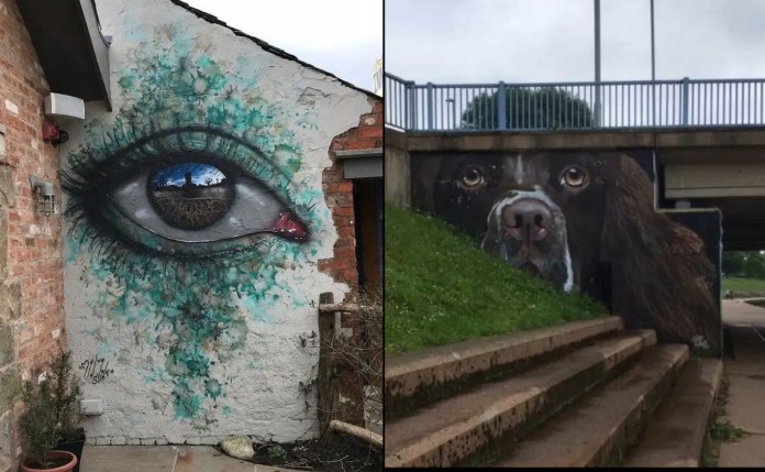 Split image of two street artworks in England. On the left, a mural of a large human eye painted on a textured white wall in Eccleston, Lancashire, with the pupil reflecting a person and cobblestone path. Greenish-blue splashes surround the eye, and a signature reads “Mydogsighs.” On the right, a realistic mural of a brown-and-white spaniel dog’s face painted under a concrete bridge in Exeter, seamlessly blending with the grassy slope and stairway.