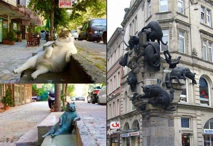Side-by-side images showing two powerful cat-themed public artworks: on the left, a bronze statue of Tombili, a beloved street cat in Istanbul, lounging with one paw on a curb beside the original photo of the cat in the same relaxed pose; on the right, a tall stone column in Braunschweig, Germany, covered in bronze sculptures of climbing and crouching stray cats, created as a tribute to all homeless cats.
