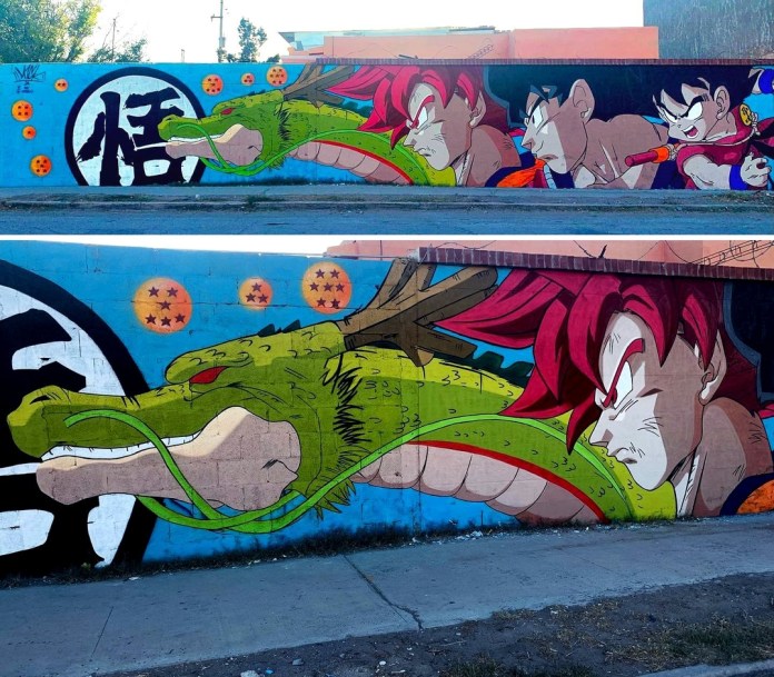 A street mural of Dragon Ball Z characters and the green dragon Shenron stretches across a long wall, with vibrant colors and bold outlines.