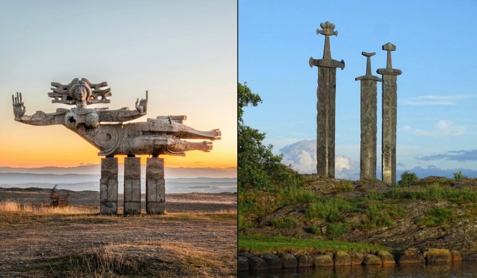 Side-by-side view of two monumental outdoor sculptures at sunrise and daylight. On the left, the concrete “Peace” monument by Nugzar Manjaparashvili in Nukriani, Georgia, depicting a winged female figure with raised hands hovering above a mountain landscape. On the right, the bronze “Sverd i fjell” sculpture by Fritz Røed in Stavanger, Norway, featuring three massive Viking swords planted in stone on a grassy hill beside a fjord.