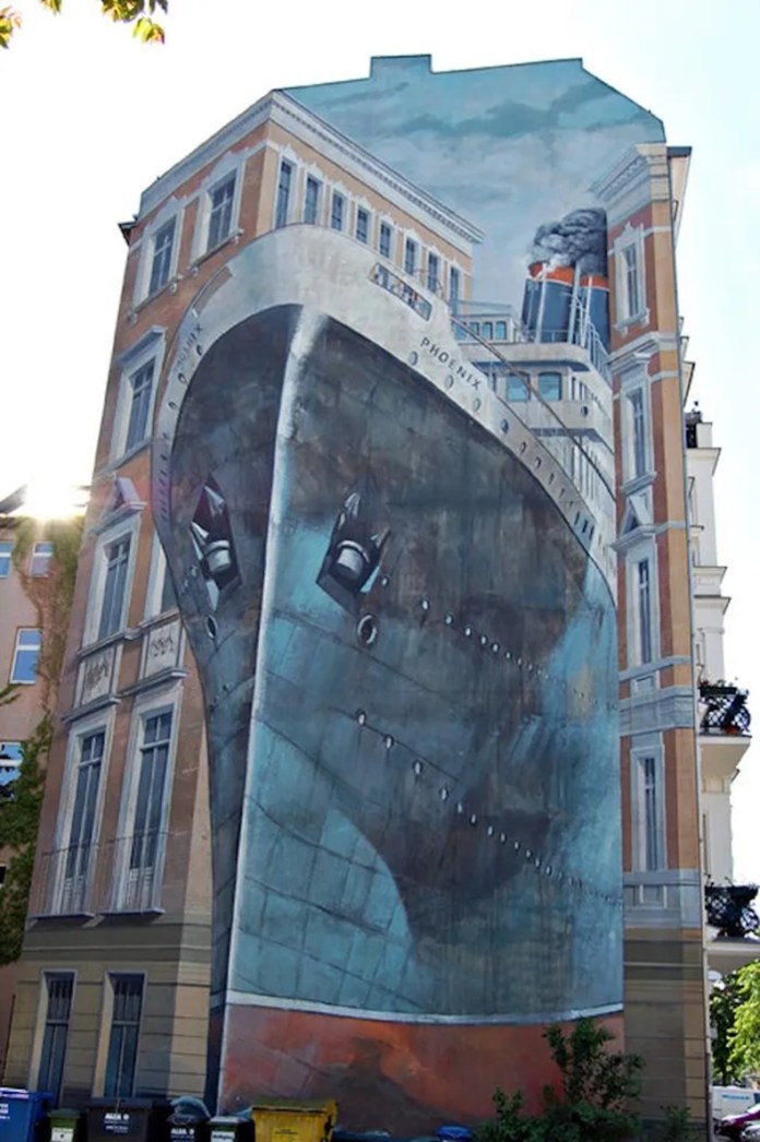 Trompe-l'œil mural in Berlin showing a huge ocean liner bursting through a corner building, with architectural details seamlessly integrated into the ship.