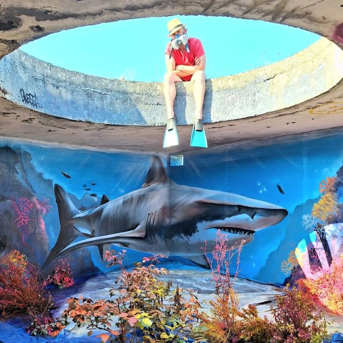 Immersive street art inside a round concrete ruin showing a realistic 3D shark with coral and reef, and the artist sitting on top wearing fins and a snorkel mask.