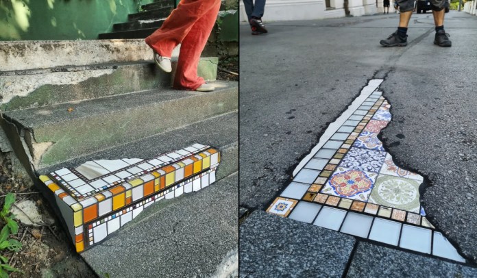 Split image of two Ememem mosaic street repairs: on the left, a broken concrete stair in Zagreb restored with orange, yellow, and white tiles while a person walks down; on the right, a long crack in a Belgrade street filled with decorative ceramic tiles featuring floral and geometric patterns, with pedestrians nearby.
