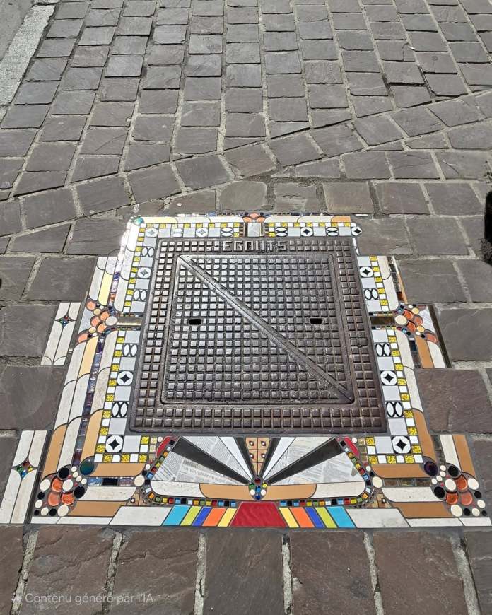 Mosaic around a sewer cover in Reims with multicolored tiles and embedded newspaper fragments under glass pieces.