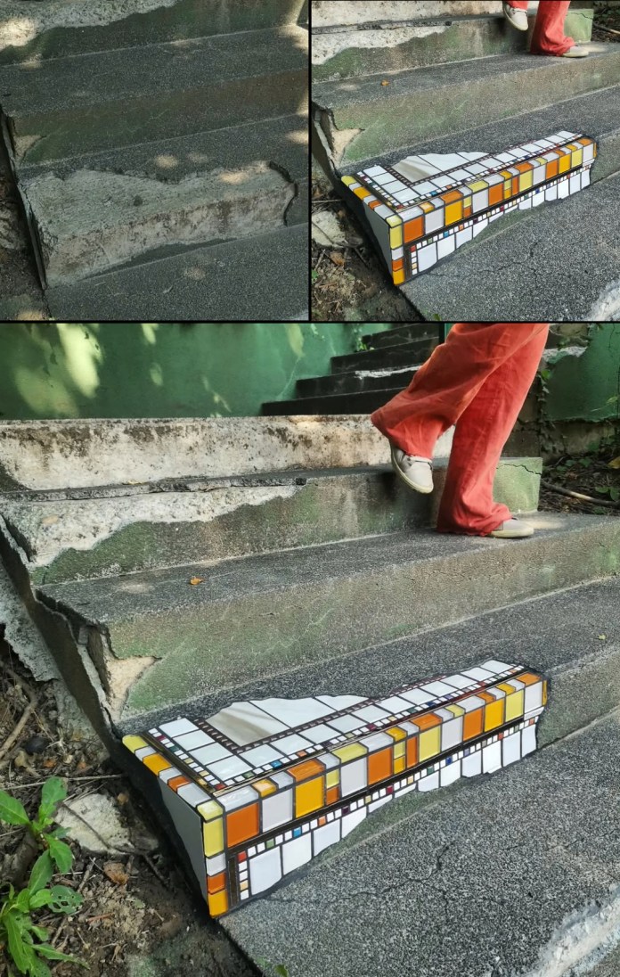Side-by-side photos of a damaged stair in Zagreb before and after Ememem’s mosaic repair using orange, white, and gray tiles.