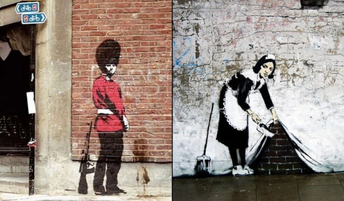 Side-by-side collage of two Banksy murals: on the left, a British Queen’s Guard in red uniform appears to urinate against a brick wall; on the right, a maid in Victorian attire sweeps dirt under a wall painted to look like a curtain. Both pieces critique British authority and the tendency to hide uncomfortable truths.