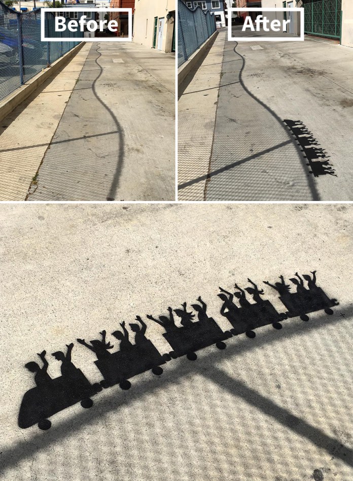 Painted black silhouettes of people with raised arms on a roller coaster car, cleverly placed on a sidewalk in alignment with a shadow cast from an overhead fence in New York.