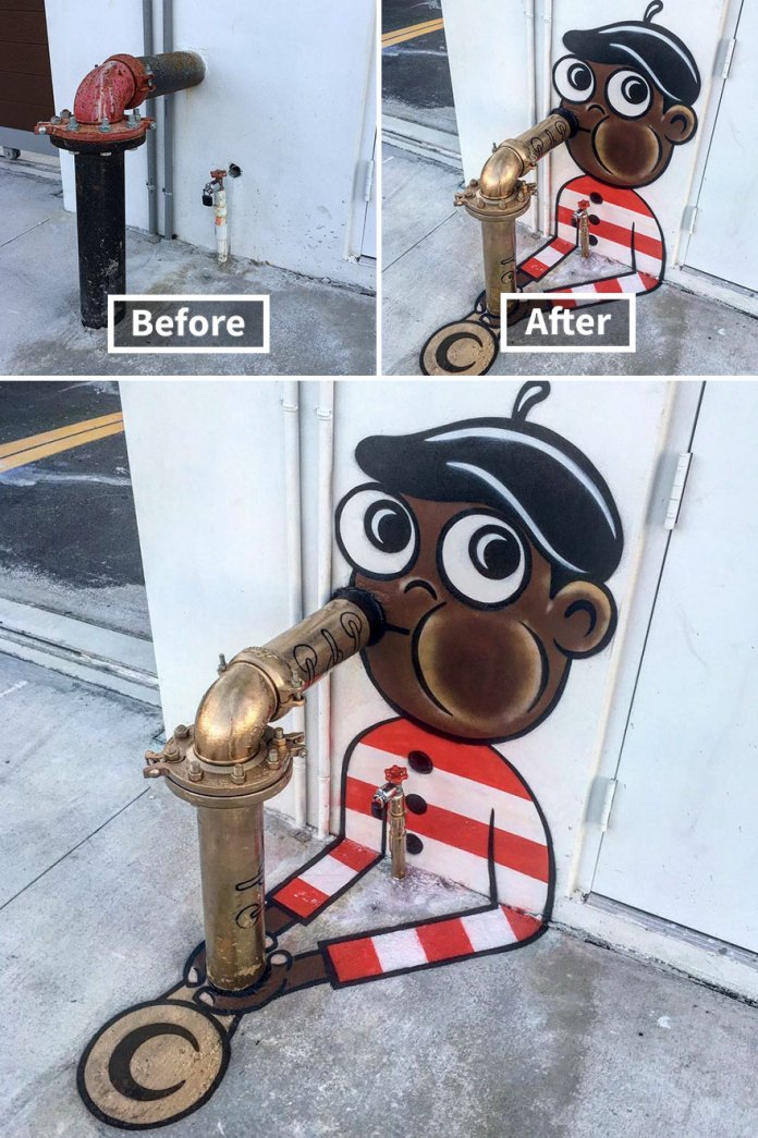 Street art depicting a cartoon musician wearing a striped shirt and beret, playing a brass pipe on a building wall as if it were a saxophone, located in Miami, Florida.