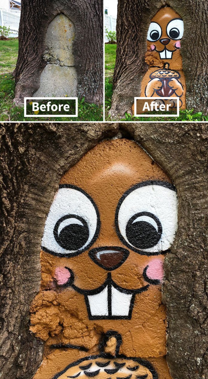 Concrete patch in a tree painted as a smiling brown squirrel holding an acorn, seamlessly blending with the natural texture of the tree in New York, USA.
