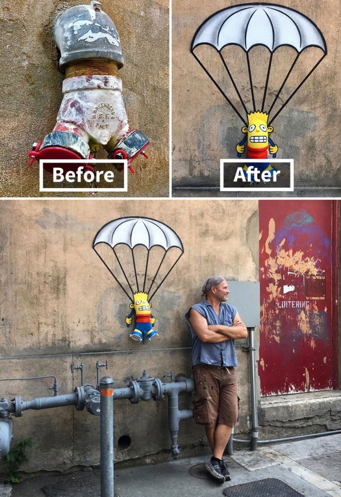 Street art depicting Bart Simpson from The Simpsons painted around a fire hydrant connection, humorously appearing to parachute onto the sidewalk in New York, USA.