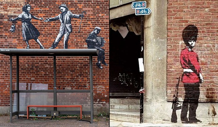 Two Banksy street art pieces on brick walls. On the left, a mural of a dancing couple and an accordion player is painted above a bus stop, creating an interactive illusion where the figures appear to be performing on the shelter’s roof. The man in the suit extends his cane, while the woman lifts her purse mid-dance. The accordion player sits to the right, playing music. On the right, a stencil of a British guard in a red coat and tall bearskin hat stands against a brick wall, appearing to urinate while holding a rifle slung over their shoulder.