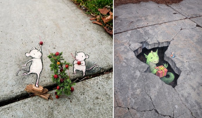 Two examples of David Zinn's whimsical chalk art on urban sidewalks. On the left, two mice drawn in white chalk are joyfully decorating a tiny evergreen branch with red berries, creating a festive holiday scene. On the right, a green dragon emerges from a crack in the pavement, holding a gift-wrapped present, with a tiny chalk-drawn figure observing nearby. Both pieces showcase Zinn's playful use of real-world textures and cracks to integrate his art seamlessly into the environment.
