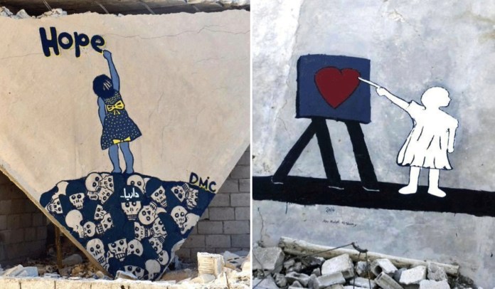 A side-by-side collage of two impactful murals by Abu Malik al-Shami in Darayya, Syria. The first mural shows a young girl in a blue and yellow polka-dot dress standing atop a pile of skulls, reaching up to paint the word "Hope" in yellow letters on a crumbling wall. The second mural features a child in a white dress painting a red heart on a canvas, juxtaposed with the silhouette of a soldier seated nearby, highlighting the contrast between art and conflict. Both murals are set against the backdrop of war-torn ruins, emphasizing resilience and humanity amidst devastation.