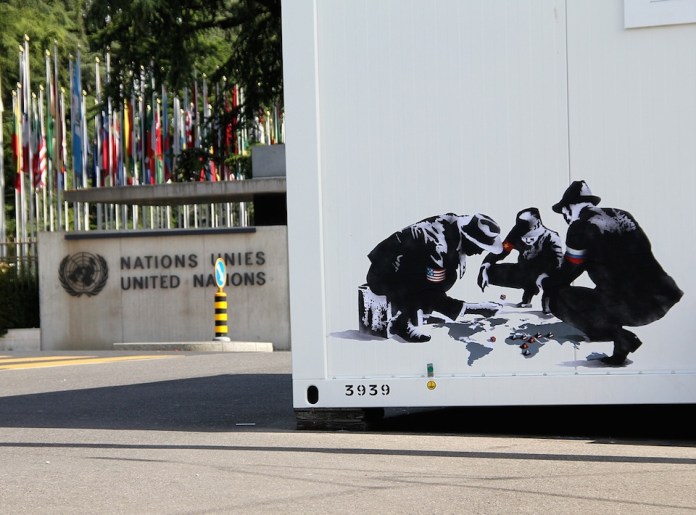 Street Art by Goin - United Nations Headquarters in Geneva, Switzerland - Blood dice