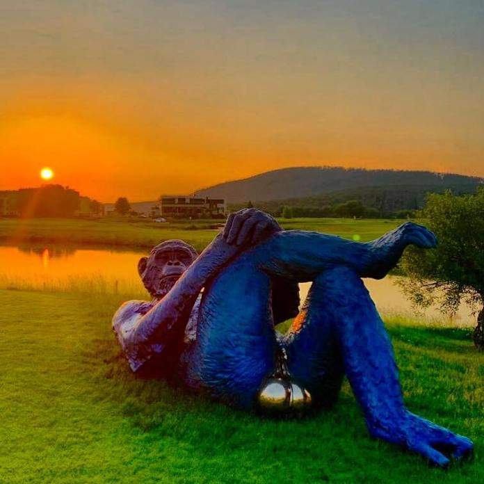 The "King Kong Balls" sculpture by Denis Defrancesco, depicting a blue gorilla lying on its back with legs crossed and prominent golden testicles, set against a serene outdoor backdrop. The sculpture rests on vibrant green grass near a reflective water body, with the sun setting in a warm orange glow over distant hills and scattered buildings. The peaceful landscape contrasts with the bold and humorous design of the artwork, creating a striking and memorable scene.