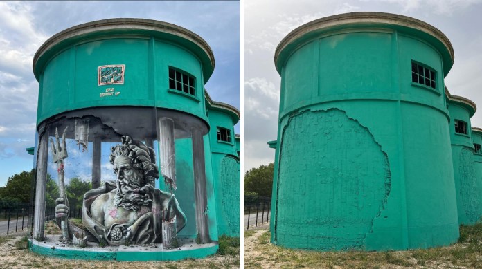 This side-by-side image showcases the incredible transformation of a turquoise cylindrical building in Torreilles, France. On the left is Braga Last One's anamorphic mural of Poseidon, blending ancient Greek artistry with modern urban surroundings for Festival Les Billes S'agitent. On the right is the original, untouched wall, emphasizing the remarkable creativity and depth added through the mural. This striking before-and-after comparison highlights the power of street art to reshape public spaces.