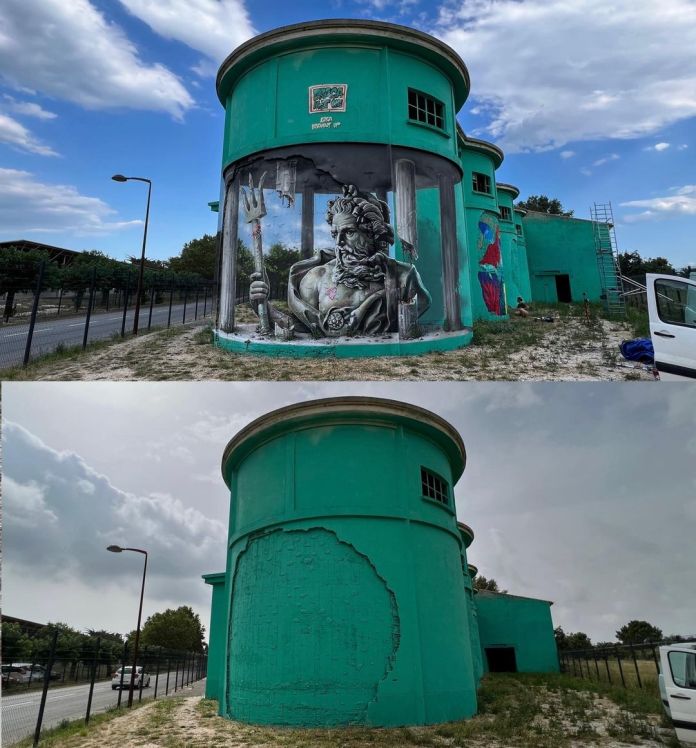 This image showcases a before-and-after view of the anamorphic mural by Braga Last One in Torreilles, France, created for Festival Les Billes S'agitent. The top part reveals the stunning depiction of Poseidon, complete with the illusion of crumbling pillars and intricate details of the Greek god's features, while the bottom part shows the original state of the plain green structure before the transformation. This comparison highlights the artist's skill in turning a simple surface into a captivating piece of art.