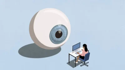 A large cartoon eyeball looms over a woman sitting at a desk, working on a computer, symbolizing surveillance or oversight.