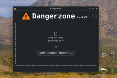 Screenshot of Dangerzone 0.10.0 app interface for selecting or dragging suspicious documents to analyze.