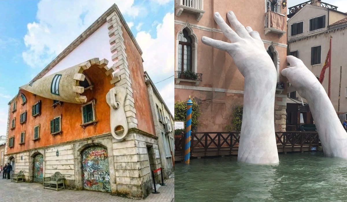 Split image: an unzipped building facade (Alex Chinneck) and Lorenzo Quinn's giant hands sculpture 'Support' in Venice.