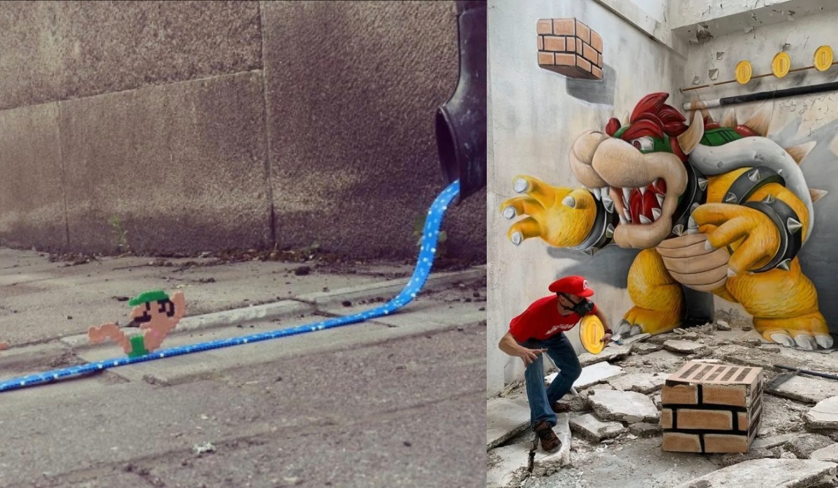 A pixelated character resembling Luigi swimming alongside a blue pipe on a pavement, with a street backdrop.