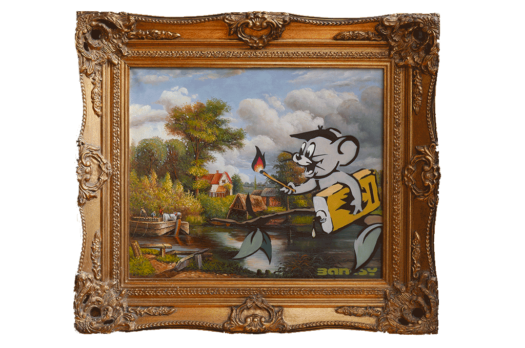Banksy artwork featuring a mischievous cartoon mouse holding a lit match and dynamite, set within a vintage-style pastoral painting. The mouse’s graffiti-like style contrasts sharply with the classic landscape, complete with cottages and trees, framed in an ornate golden frame. This piece exemplifies Banksy's approach of blending traditional art with contemporary, subversive elements, challenging norms and adding humor and social commentary.